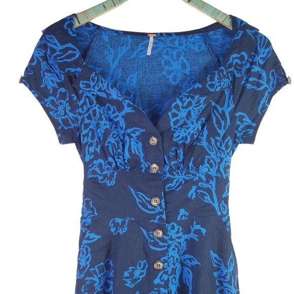 Free People Blue Floral Button-up Linen Mini Dress, Sz 0 - Picture 4 of 10